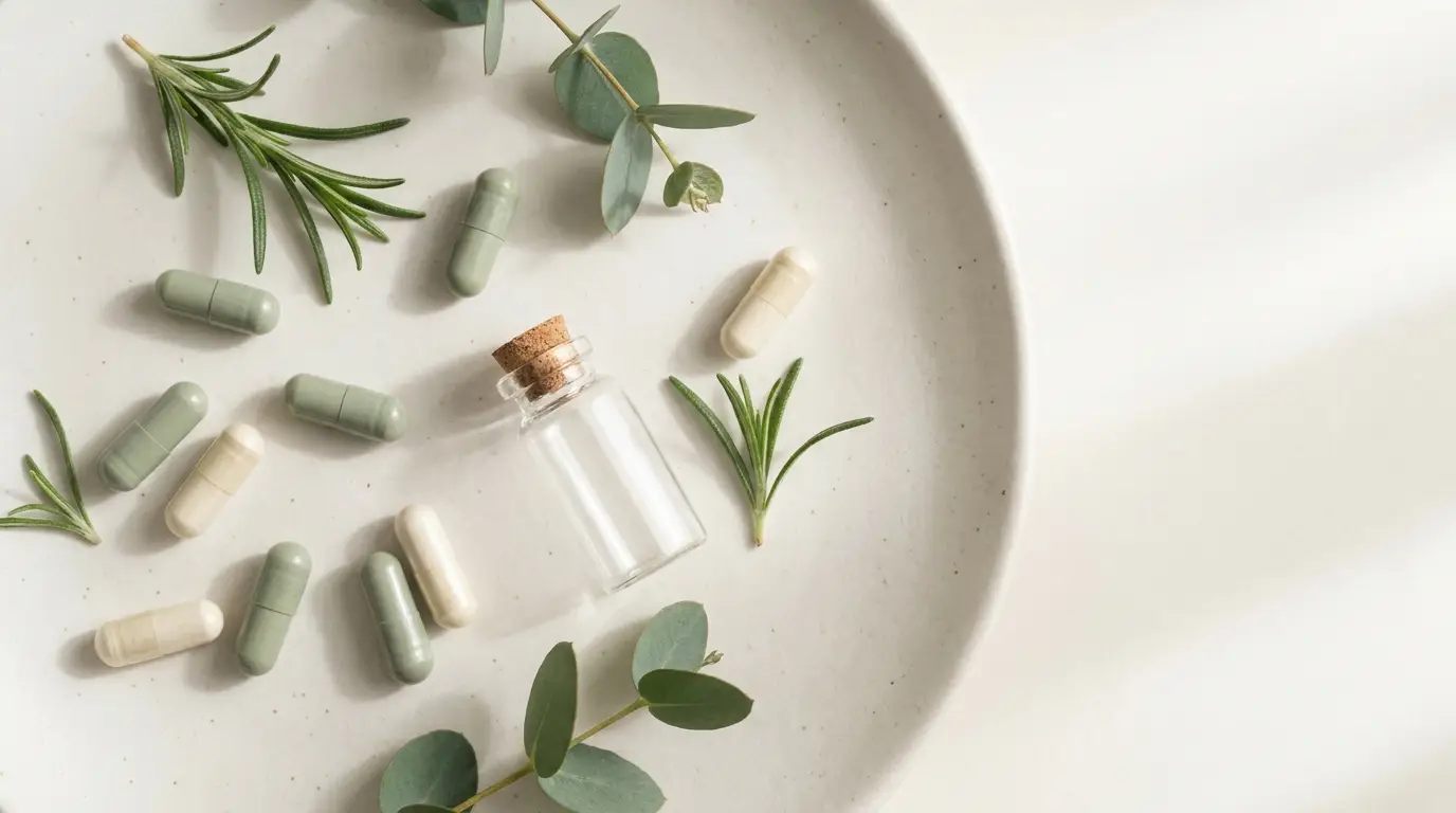 Sage-green and cream supplement capsules with rosemary and eucalyptus on a warm bone surface in soft daylight